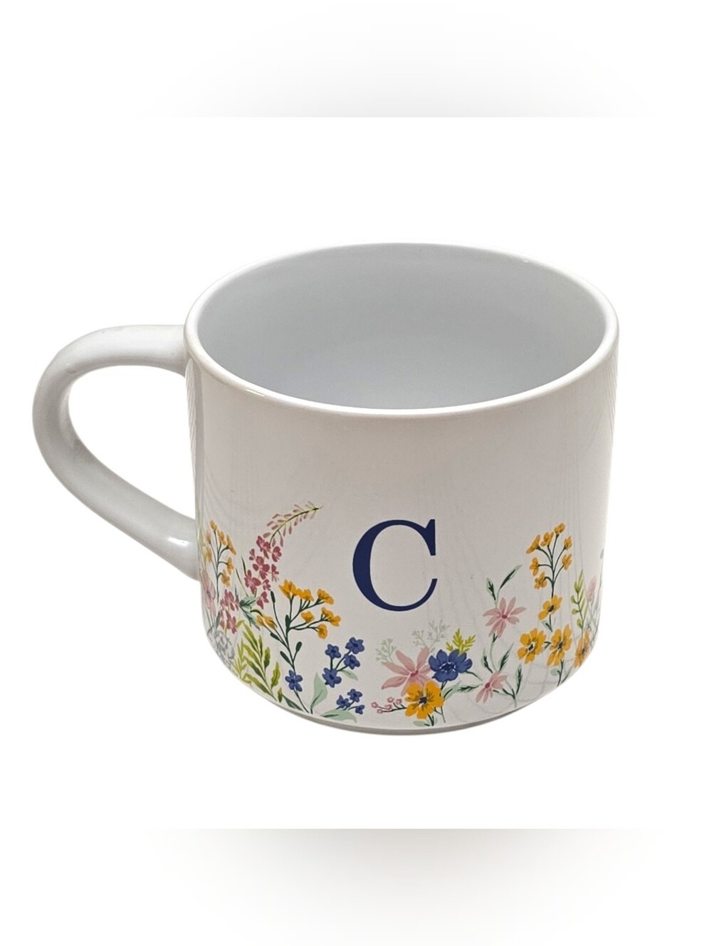 Monogram Letter C Floral Ceramic Coffee Mug White Wildflower Cottagecore Cup
